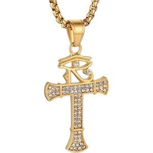 Gold-New CZ Eye of Horus Egypt Protection Pendant Coptic Ankh Cross Necklace